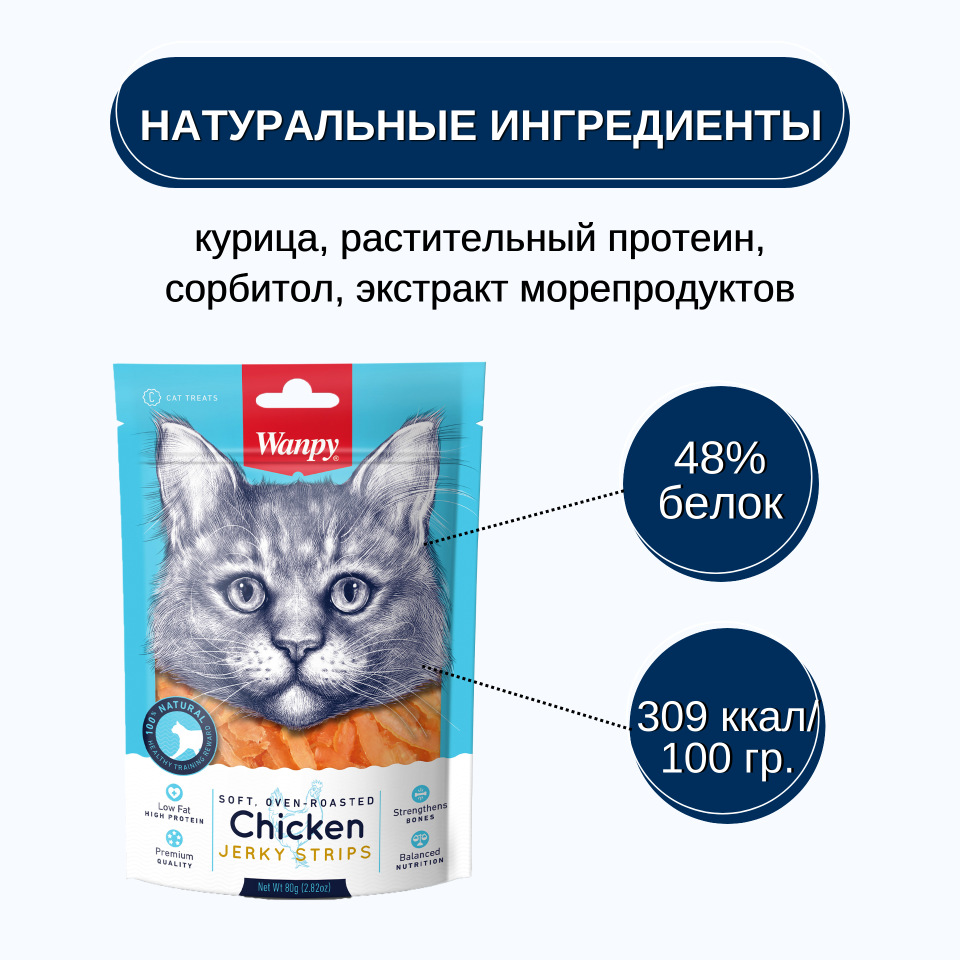 Wanpy Cat Лакомство для кошек «мягкая вяленая соломка» из курицы 80 г