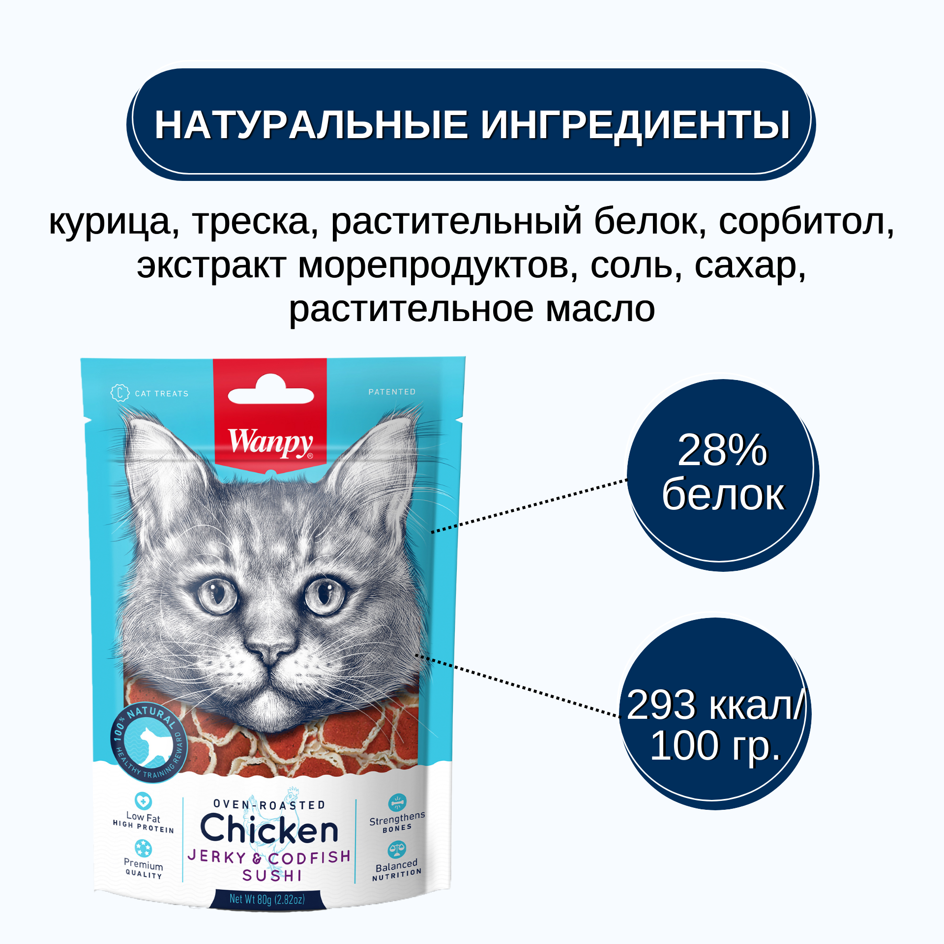 Wanpy Cat Лакомство для кошек «суши» из курицы с треской 80 г
