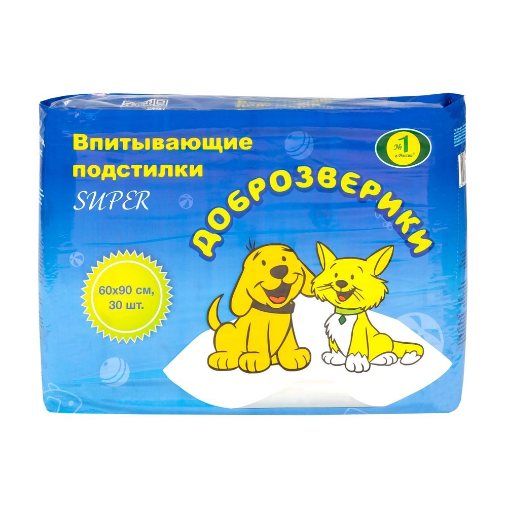 Подстилки впитывающие одноразовые с бумагой тиссью и суперабсорбентом для животных "ДОБРОЗВЕРИКИ" "Super" 60х90см, 30шт.