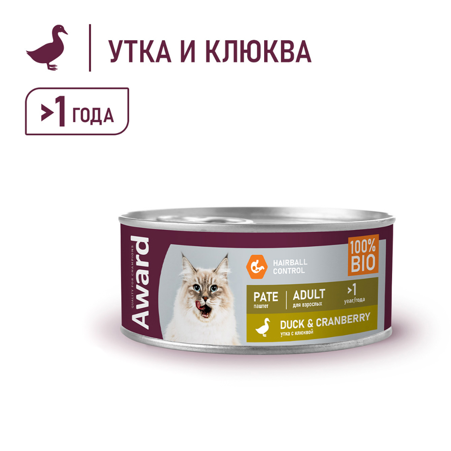 Влажный корм AWARD для взрослых кошек паштет из утки с клюквой 100г